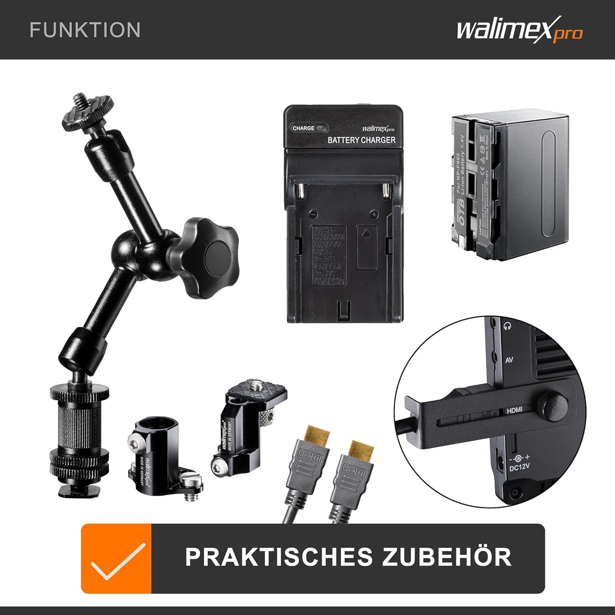 Walimex pro Full HD Monitor Director III Set - 7 inch IPS LCD-scherm - scharnierarm & bescherming tegen verdraaien - Focusassistent - met HDMI en AV-ingang - Inclusief batterij & oplader