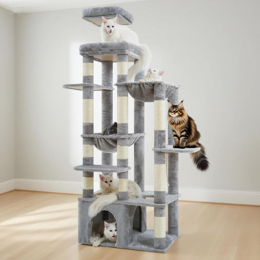 Heybly Scratching Post, 180 cm Scratching Post Large with Extremely Stable Base, XL Platform, Large Cat House, 2 Hammocks, Multi-layer Cat Furniture for Maine Coon and Other Large Cats, Light Grey HCT037W