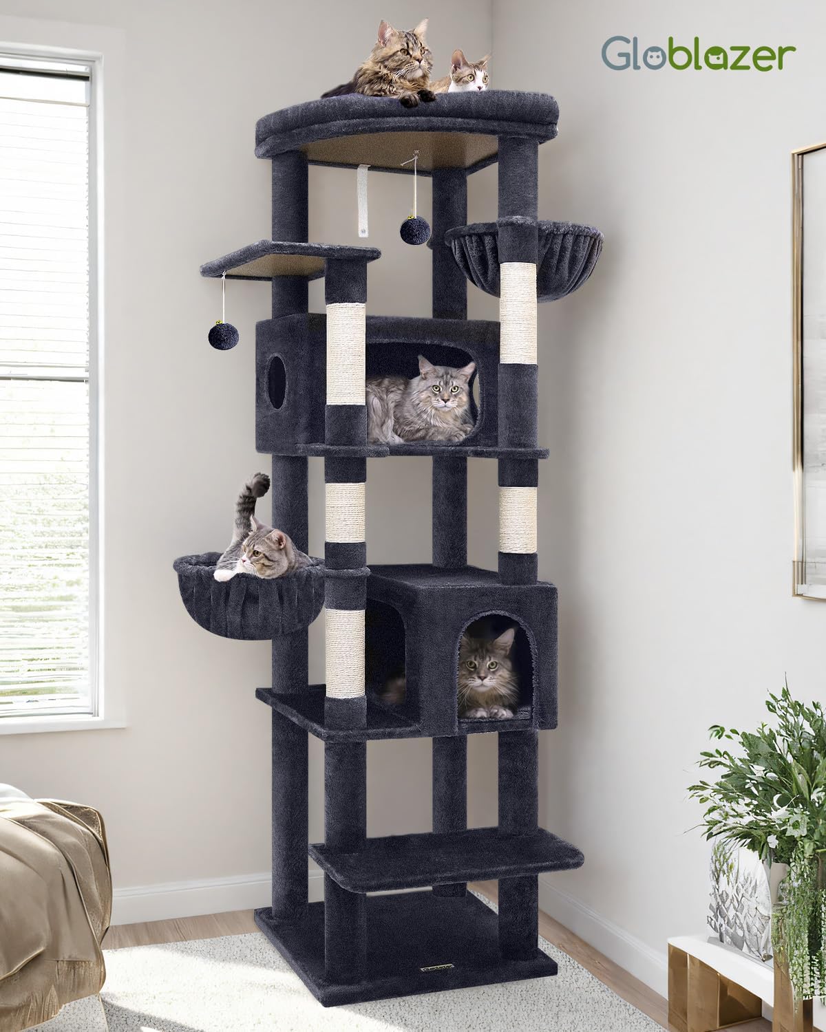 Krabpaal – Kattenboom – Kattenhuis – Kattenmand – Krabmeubel – Donkergrijs – 188 cm Hoog – 2 Grote Kattenhuisjes Met Platform