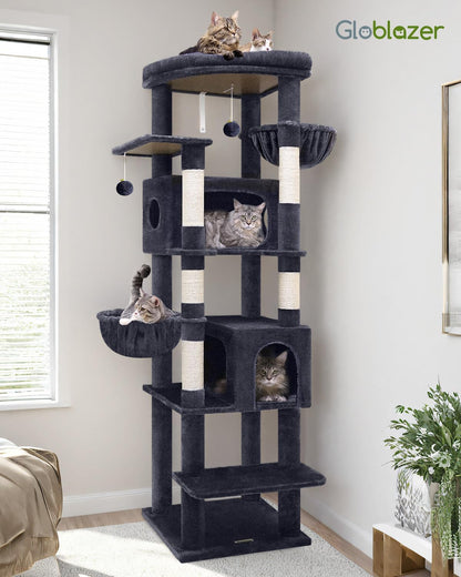 Krabpaal – Kattenboom – Kattenhuis – Kattenmand – Krabmeubel – Donkergrijs – 188 cm Hoog – 2 Grote Kattenhuisjes Met Platform