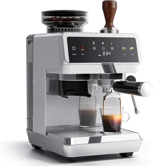 AMZCHEF Zeefdragermachine, espressomachine van 20 bar, met maalwerk, 44 maalgraden, 4 temperatuurniveaus, cold brew, 1,8 l tank, espressomachine met melkopschuimer, IMD touchscreen, roestvrij staal