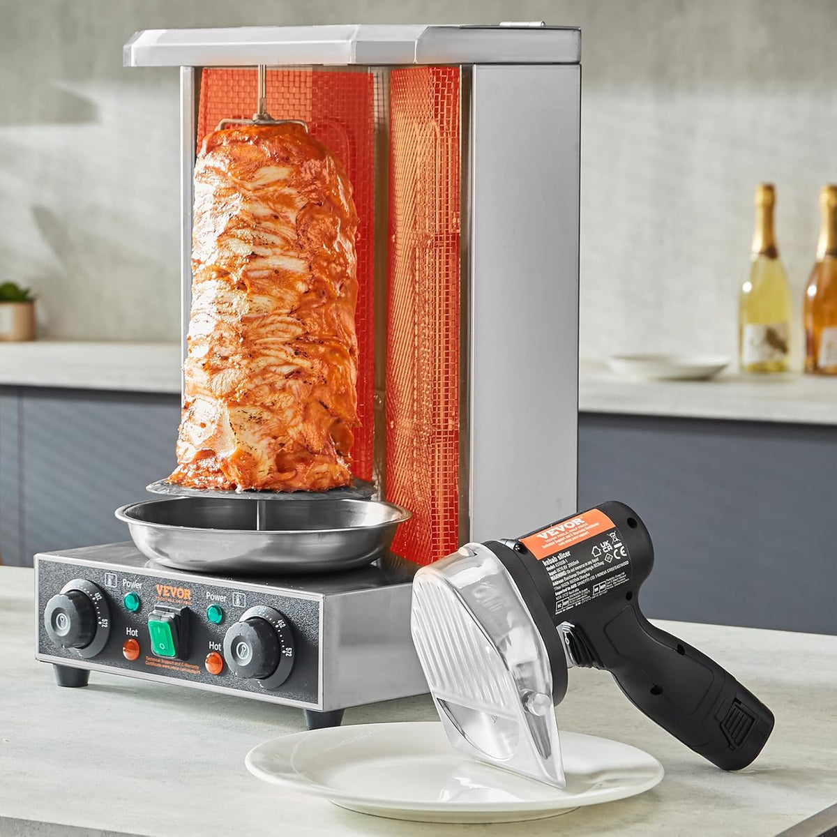 Elektrisch Kebabmes – Dönermes – Shoarmames – Gyrosmes – Vleessnijder – Draadloos – 80W Vermogen – RVS Messen 100mm – Instelbare Snijdikte 0-8mm