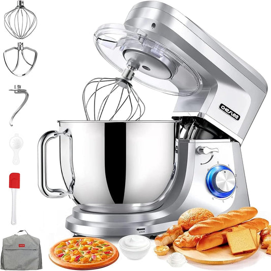 CHeflee Keukenmachine, 1800 W, krachtige kneedmachine, met kneed- en roerfunctie, 6 snelheden, geluidsarme deegkneedmachine, 7,2 liter, roestvrijstalen kom, deeghaak en garde, spatbescherming