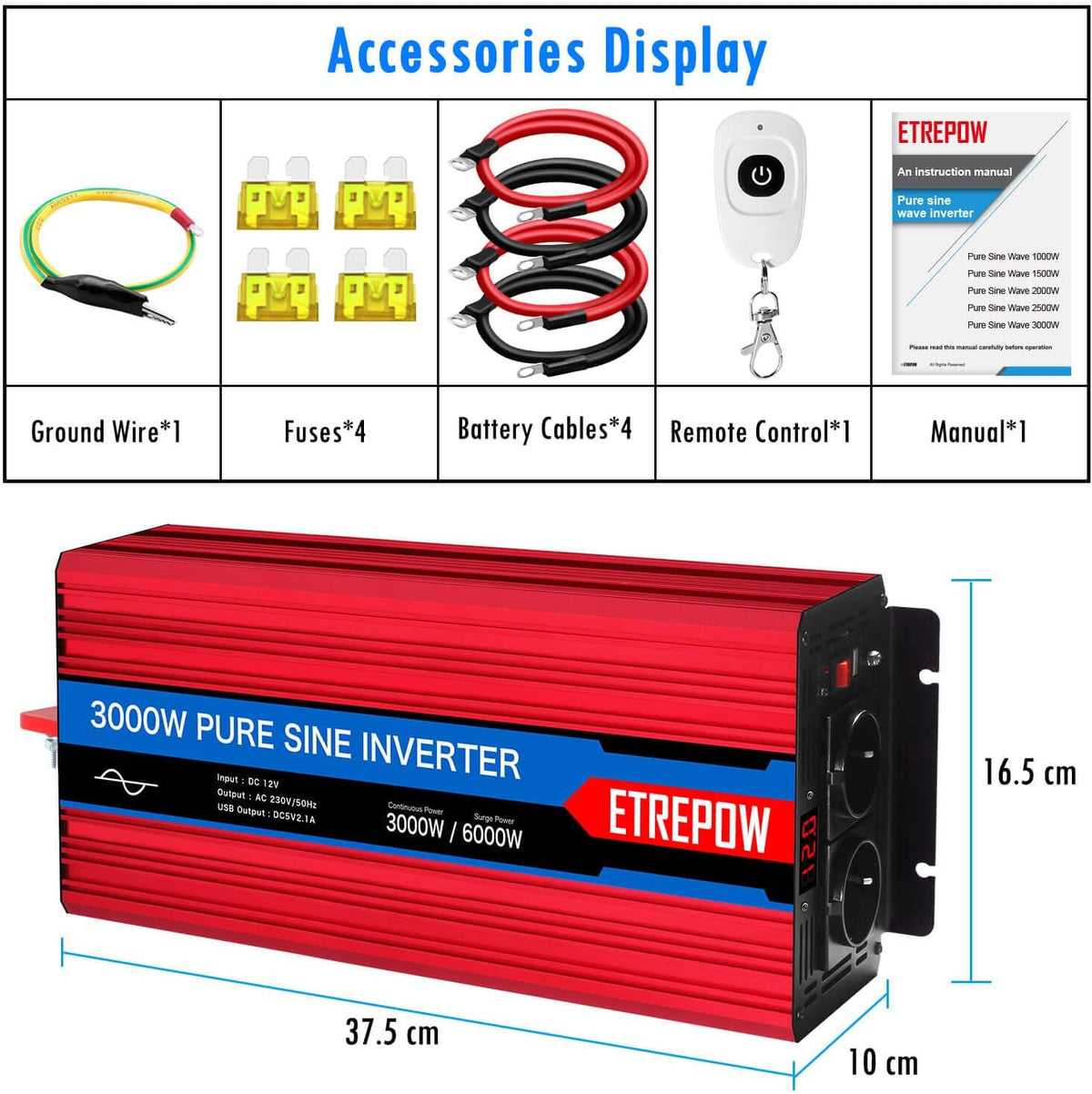 <font dir="auto" style="vertical-align: inherit;"><font dir="auto" style="vertical-align: inherit;">        3000W/6000W Pure Sine Wave Power Inverter 12V 230V with 2 EU Plug and 1 USB Port, Wireless Remote Control        </font></font>