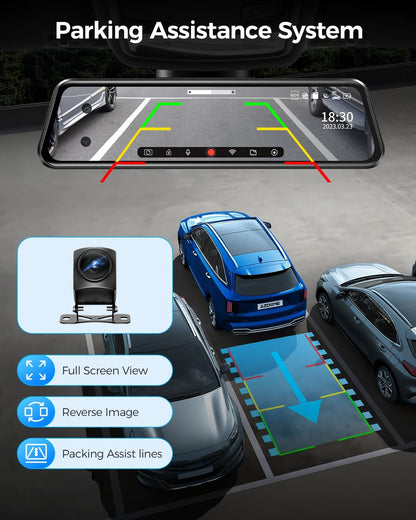 AZDOME 4K Dual Lens Spiegel Dash cam 12 ''IPS Full Touchscreen, 4K+1080P Voor en Achter 1080P IP68 Auto Camera met [Dual Cam Display] Nachtzicht WDR Parkeermodus Loop Opname G-sensor