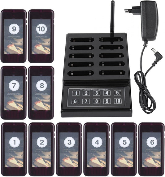 Draadloos Pagersysteem – Oproepsysteem Wachtrij – Pagermelder – Wachtrijsysteem – Restaurant Pager – 10-Kanaals Oproeppaneel – 10 Oplaadbare Pagers – 433,92 MHz Stabiele Verbinding – Inclusief Oplaadstation