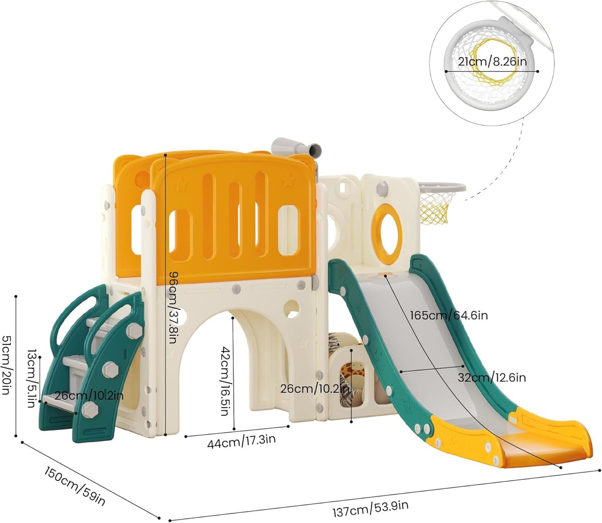 Kinderglijbaan met klimladder, basketbalkorf en tunnel, kunststof glijbaan voor binnen voor kinderen, Montessori-spelletjes voor speelplaats, groen