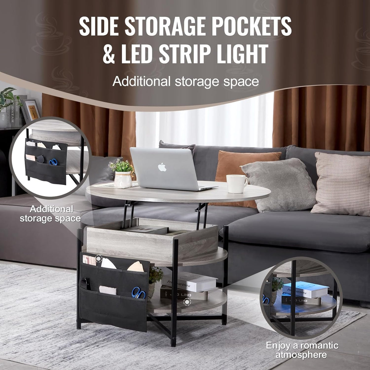 Coffee Table - Table - Coffe table - Living Room Table - Lift Top Coffee Table - Table with Extra Storage - Folding Coffee Table for Living Room - 35in - White - 57.76lbs
