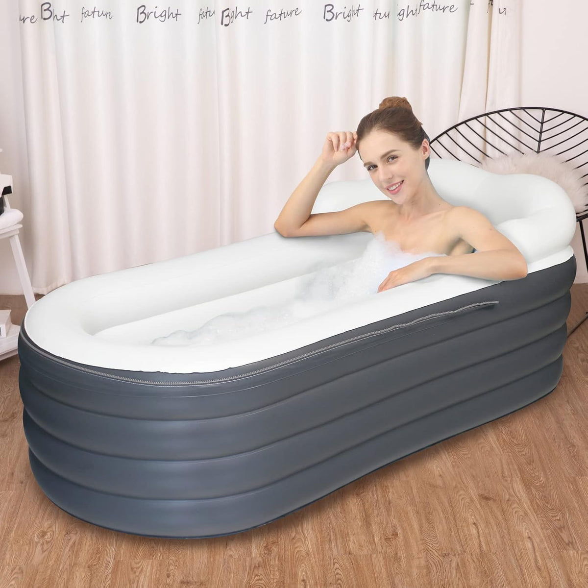 Opblaasbaar inweekbad voor volwassenen, groot draagbaar ijsbad, spa, inweekbad met ritssluiting, ontworpen met hoofdsteun, bekerhouder (luchtpomp, 168 x 76 x 68 cm)