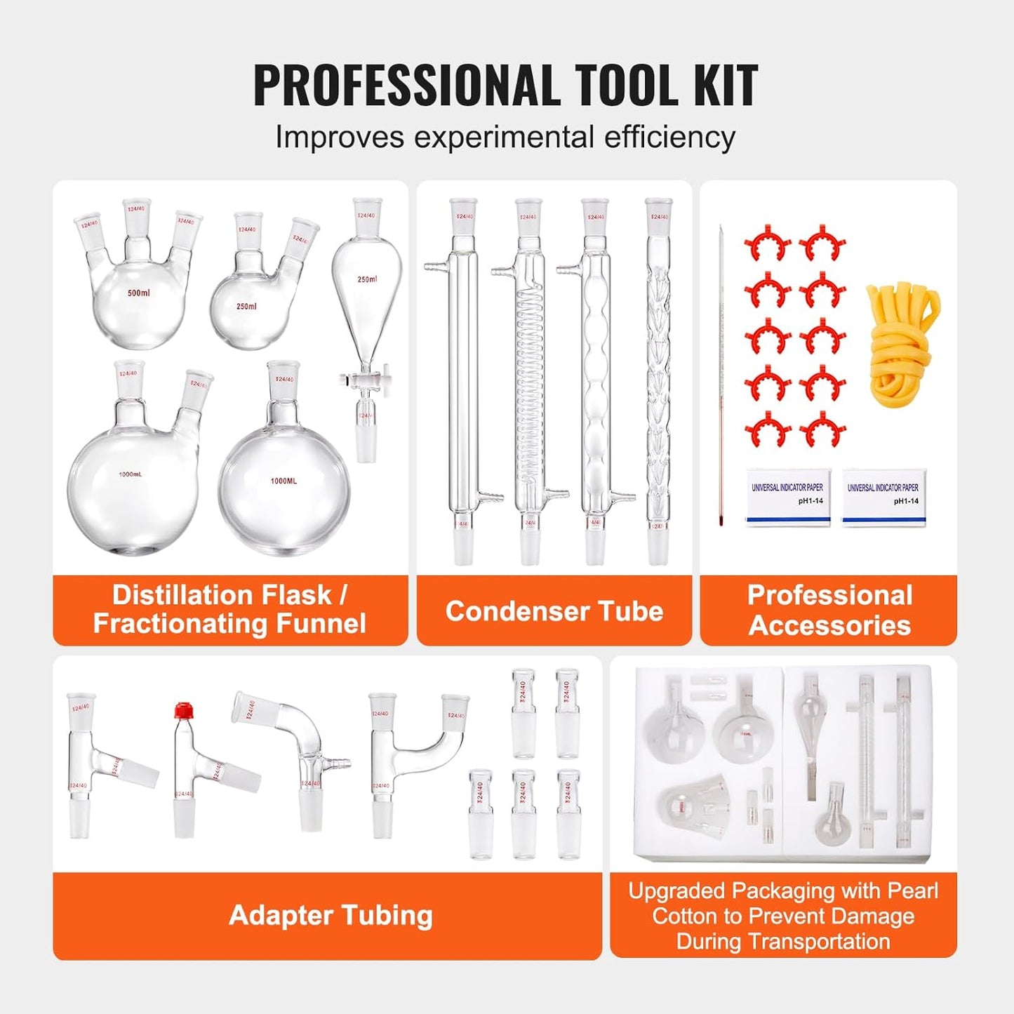Laboratoriumglasdistillatieset – Glasdistillatieset – Laboratoriumdestillatieset – Destillatieset – Distillatieapparatuur – 32-Delige Set 1000 Ml – Hittebestendig Borosilicaatglas 3.3 – 24/40 Slijpverbindingen