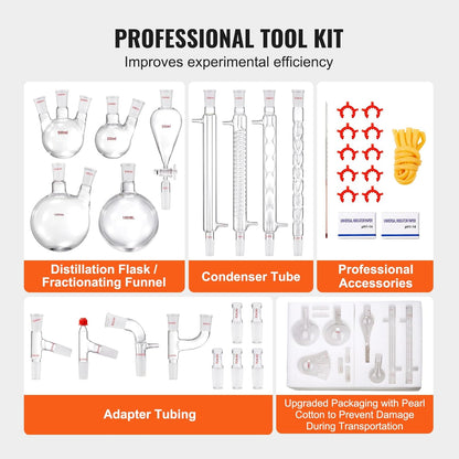 Laboratoriumglasdistillatieset – Glasdistillatieset – Laboratoriumdestillatieset – Destillatieset – Distillatieapparatuur – 32-Delige Set 1000 Ml – Hittebestendig Borosilicaatglas 3.3 – 24/40 Slijpverbindingen