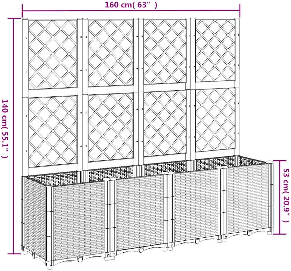 Planter with Trine Grate, Blue Grey, 160 x 40 x 140 cm, Rectangular Large Flower Pot for Indoor and Outdoor Use, Frost-Resistant, UV Protection - QUORE
