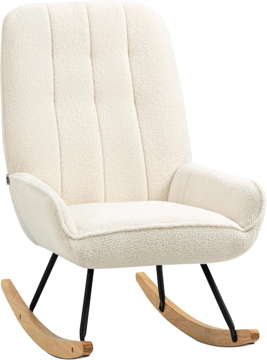 Schommelstoel – Relaxstoel – Fauteuil – Woonkamerstoel – Kinderkamerstoel – Sherpa Fleece Bekleding – Draagvermogen 150 kg – Crème Wit – 63x95x97 cm