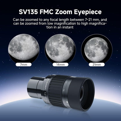 zoom telescoop oculair accessoires 1.25'' 7-21mm brandpuntsafstand 50° 47° veldweergave 18mm 16.3mm oogreliëf zenit diëlektrische spiegel 99% reflectiviteit astronomie planetaire maan mars deep sky