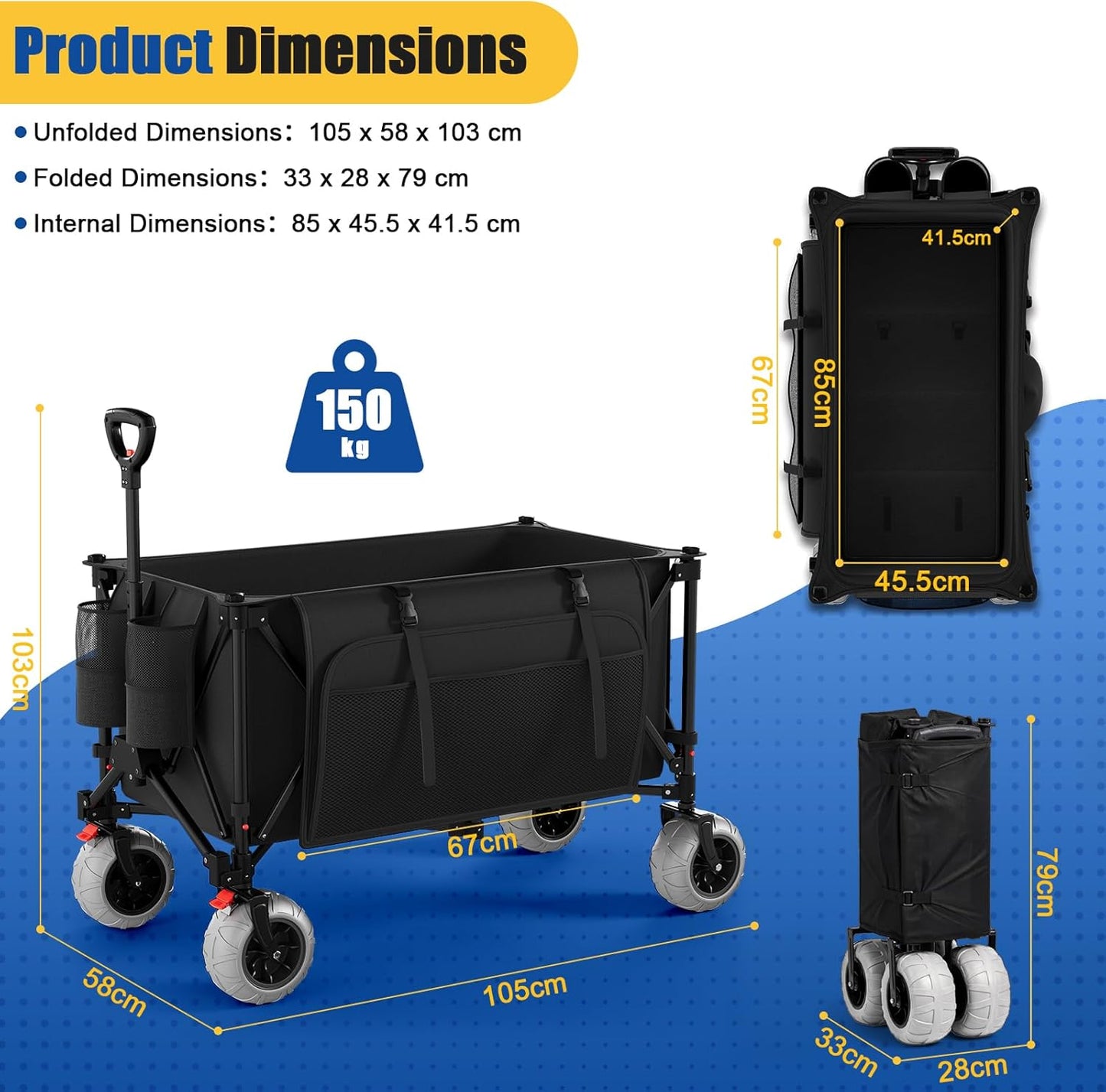 JUMMICO Opvouwbare trolley voor alle terreinen, 200 l, met parkeerrem, 150 kg, afneembare PU-wielen en verstelbare handgreep, zijtas 25 l, robuust, voor strand, park, winkelen, camping