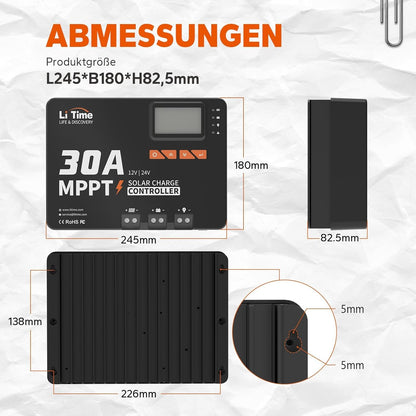 LiTime MPPT Auto DC Input Solar Charging Controller met Bluetooth-adapter (24V30A MPPT Bluetooth)