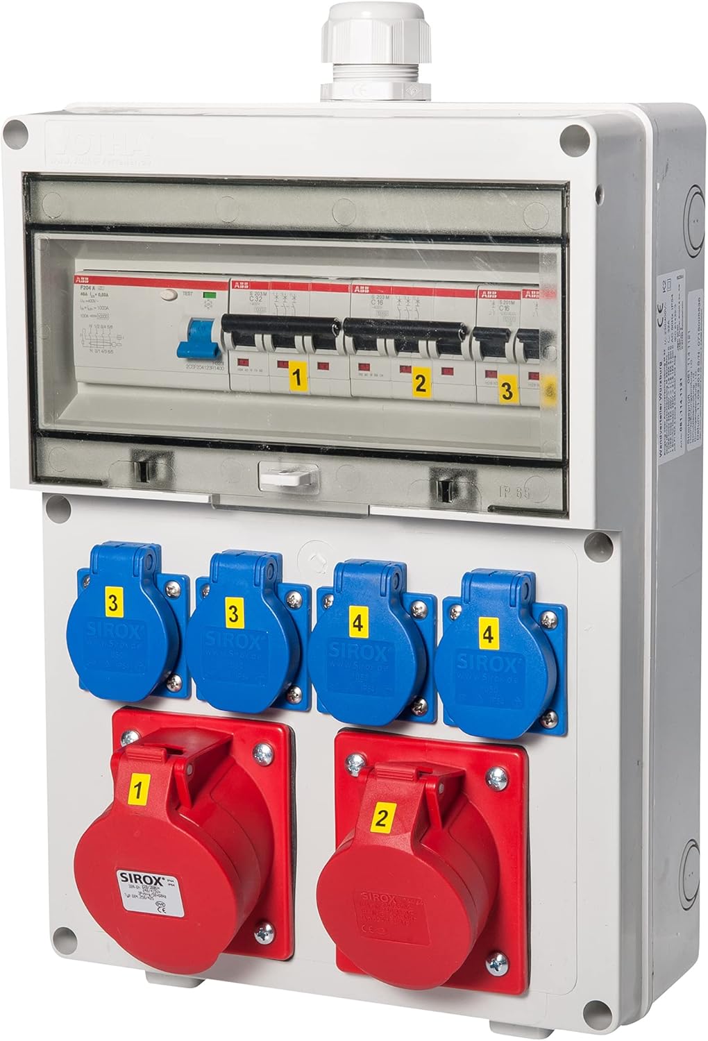 VOTHA Wandverdeler "WÜRZBURG" | Bedrade stekkercombinatie voor wandmontage | CEE 32 A & 16 A + 4x 230 V | FI-veiligheidsschakelaar & LS-schakelaar | IP54 | afsluitbare macroon-afdekking