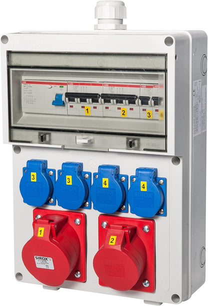 VOTHA Wandverdeler "WÜRZBURG" | Bedrade stekkercombinatie voor wandmontage | CEE 32 A & 16 A + 4x 230 V | FI-veiligheidsschakelaar & LS-schakelaar | IP54 | afsluitbare macroon-afdekking