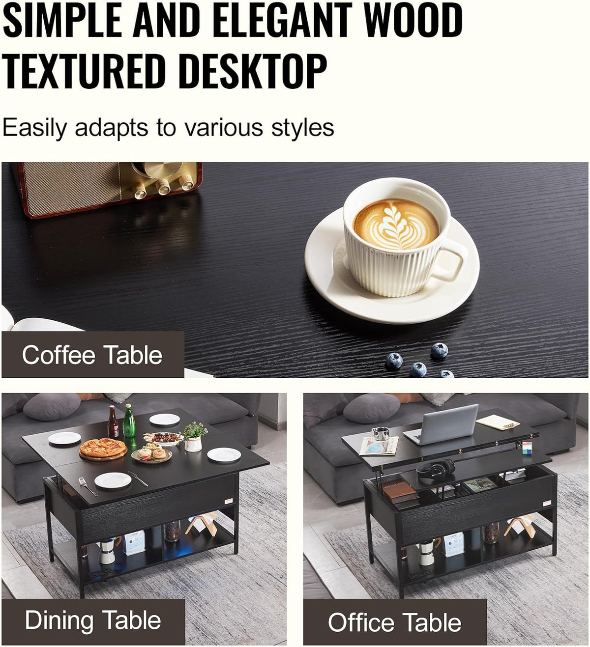 Koffietafel - Table - Coffe table - Living Room Table - Lift Top salontafel - tafel met extra opbergruimte - omklapbare salontafel voor de woonkamer - 39.4in - Zwart - 74.74lbs