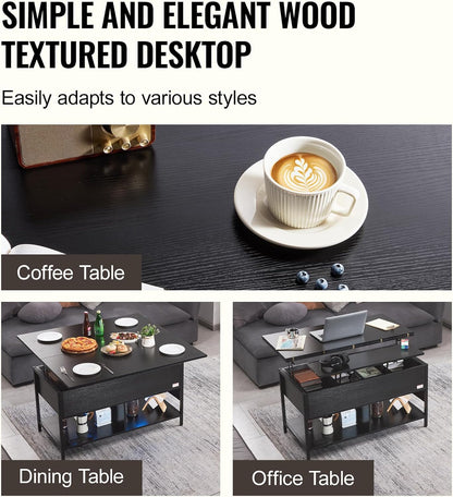 Koffietafel - Table - Coffe table - Living Room Table - Lift Top salontafel - tafel met extra opbergruimte - omklapbare salontafel voor de woonkamer - 39.4in - Zwart - 74.74lbs