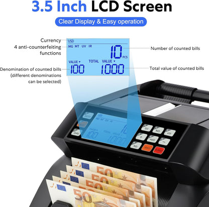 Geldtelmachine geldteller bankbiljettenteller met UV/MG/IR/MT, bankbiljettentellermachine geldbiljettenteller met 3,5" LCD-display en extern display, 1000 vellen/min