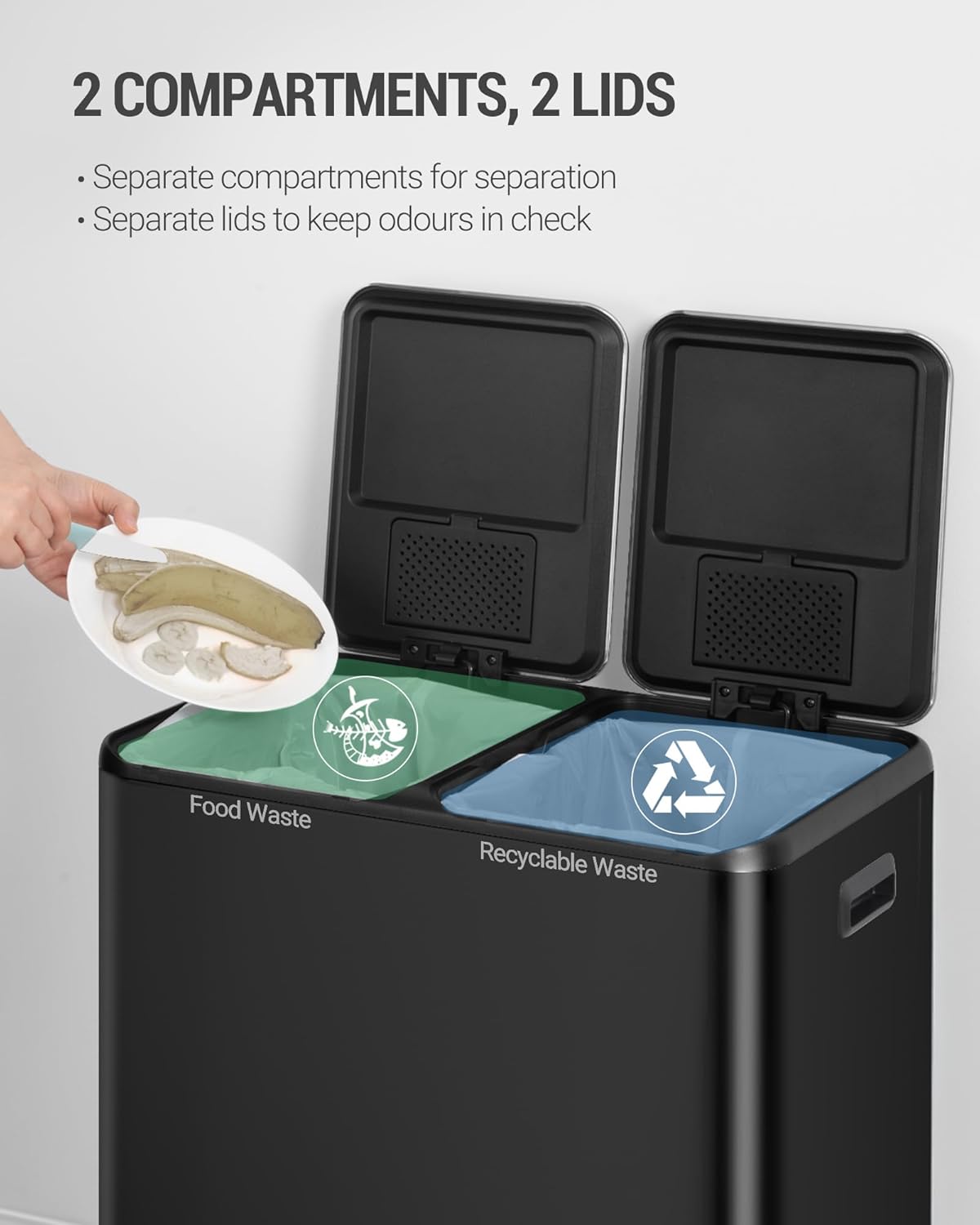 Hzuaneri Kitchen Trash Bin, Waste Separation System, 2 Compartments, 60 L (2 x 30 L), Stainless Steel Kitchen Trash Bin, Pedal Bin, Silent Slow Waste Bag, with 15 Exclusive Waste Bags, Black