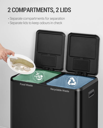 Hzuaneri Kitchen Trash Bin, Waste Separation System, 2 Compartments, 60 L (2 x 30 L), Stainless Steel Kitchen Trash Bin, Pedal Bin, Silent Slow Waste Bag, with 15 Exclusive Waste Bags, Black