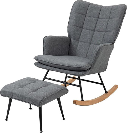 HOMCOM Rocking Chair with Stool Arm Chair with Linen Look Rocking Chair up to 130 kg Load Capacity for Bedroom, Living Room, Grey - QUORE