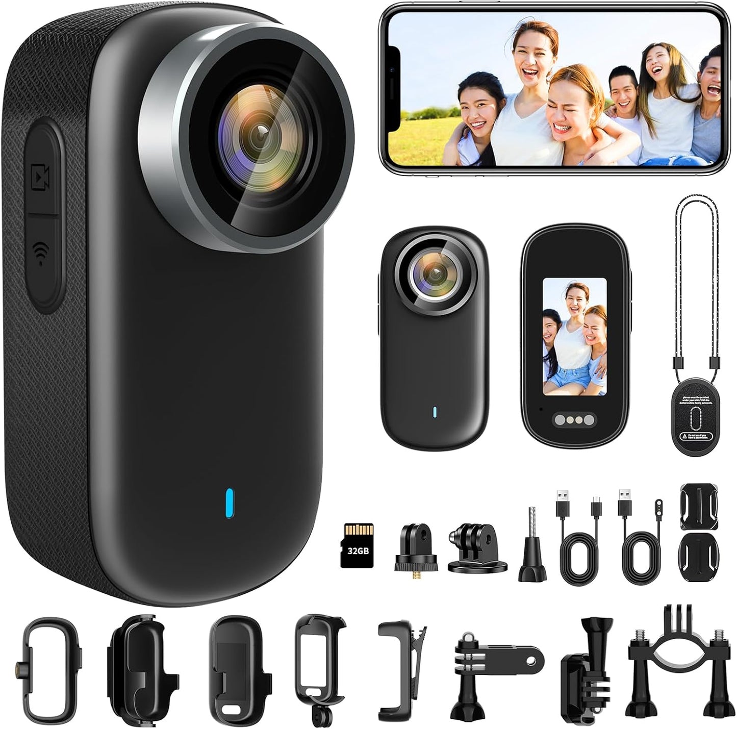 Actiecamera, wifi, 4K, mini-actiecamera, waterdicht, 150 graden, sportcamera voor fietshelm of motorfiets, met 1,3 inch display en magneet, zwart