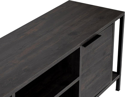 Hanah Home Industriële tv-standaard, donkerbruin en zwart, 120 cm x 48 cm x 35 cm, 100% melamine gecoat particle board, 18 mm dik, stijlvol en functioneel met cijferplanken