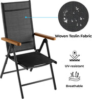 Aluminium Tuinstoelen set van 2, Inklapbare Buitenstoelen met Armleuning van Imitatiehout, 7-voudig Verstelbare Rugleuning, Ademend Balkonstoel campingstoel voor Veranda's Terrassen