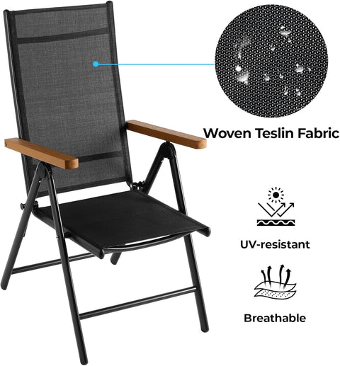 Aluminium Tuinstoelen set van 2, Inklapbare Buitenstoelen met Armleuning van Imitatiehout, 7-voudig Verstelbare Rugleuning, Ademend Balkonstoel campingstoel voor Veranda's Terrassen