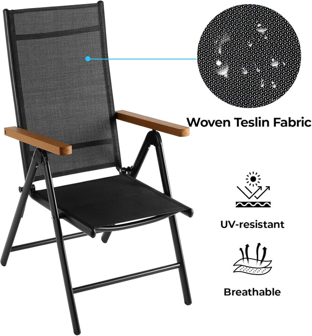 Aluminium Tuinstoelen set van 2, Inklapbare Buitenstoelen met Armleuning van Imitatiehout, 7-voudig Verstelbare Rugleuning, Ademend Balkonstoel campingstoel voor Veranda's Terrassen