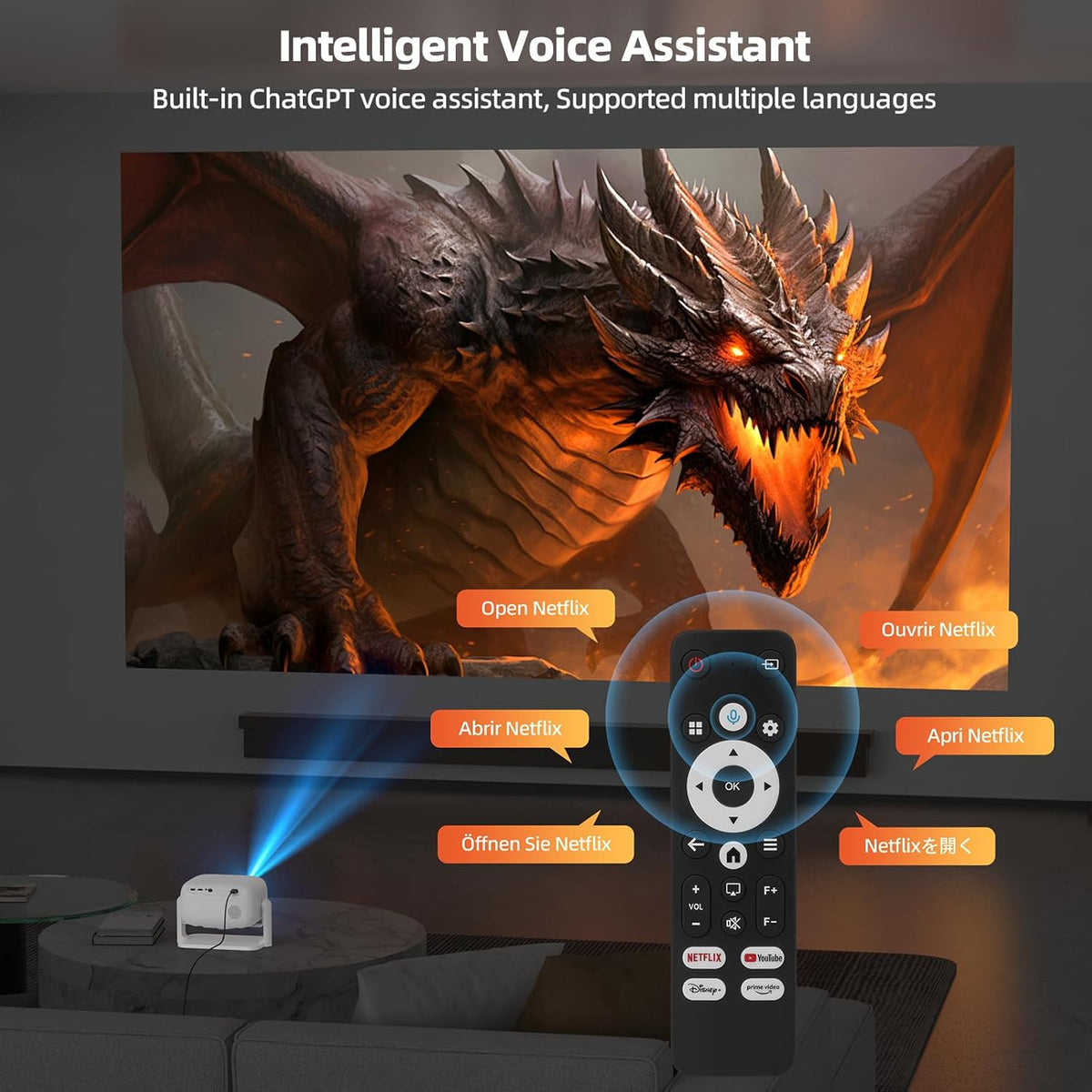 Bettdow Netflix Official 4K beamer, 1080p volledig verzegelde smart-projector, autofocus/trapeziumcorrectie, videobeamer met WiFi6 en Bluetooth 5.2, projector thuisbioscoop, wit