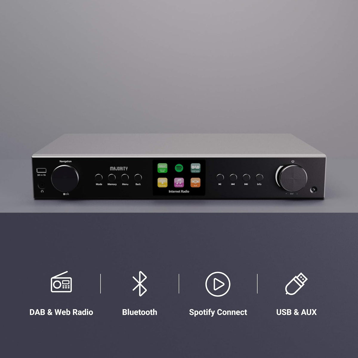 Majority Fitzwilliam Internetradio met DAB+ en Bluetooth | FM, Spotify Connect, Podcasts | USB, AUX, RCA Audio Uitgang | 90+ Presets, Kleurendisplay | Afstandsbediening | Zwart 2024 Hifi Tuner