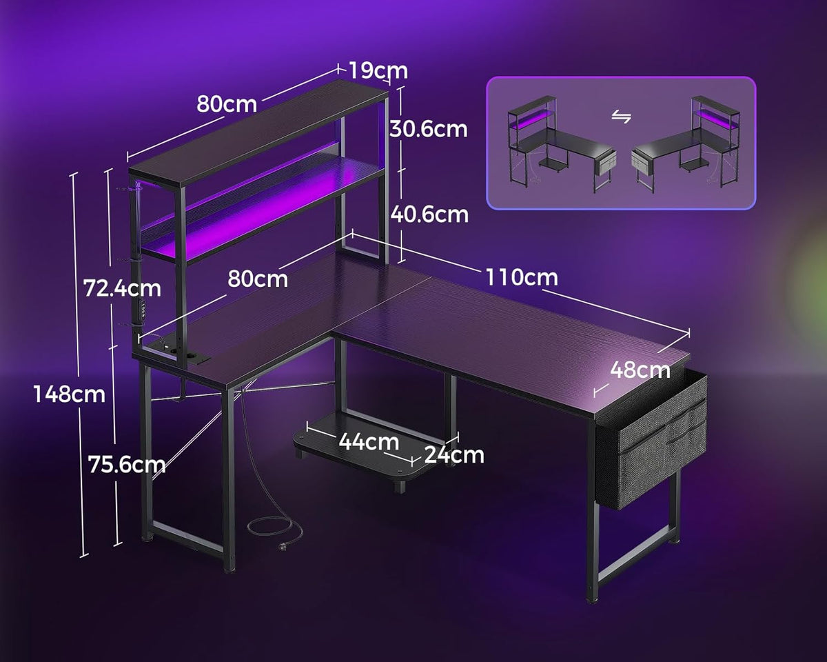 Coleshome L-speeltafel met led en stopcontacten, 110 x 80 cm, omkeerbaar, met opbergplanken, hoekbureau met opbergtas, voor thuiskantoor en games, zwart