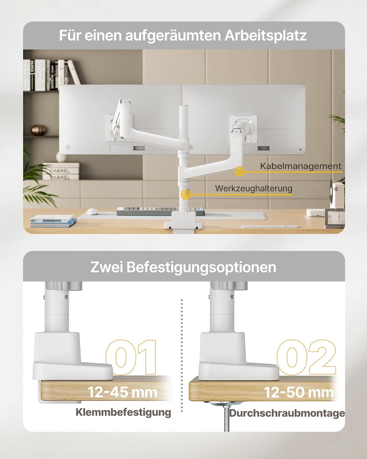 monTEK Dubbele Ultrawide Monitorarm voor 17-57 Inch Schermen tot 27 kg, Aluminium Zware Gasveer Verticale Stapelbare Gebogen Scherm Verstelbare Monitorstandaard, 75/100mm Vesa-bevestiging, Wit