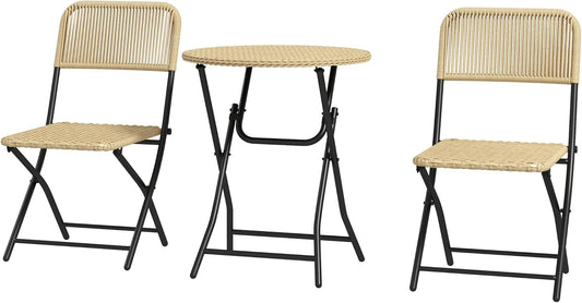 Outsunny Rattan Tuinmeubelset 3-delig, Balkonmeubelset inclusief salontafel, 2 stoelen, inklapbare bistroset met UV-bescherming, zitgroep voor balkon, terras, staal, geel