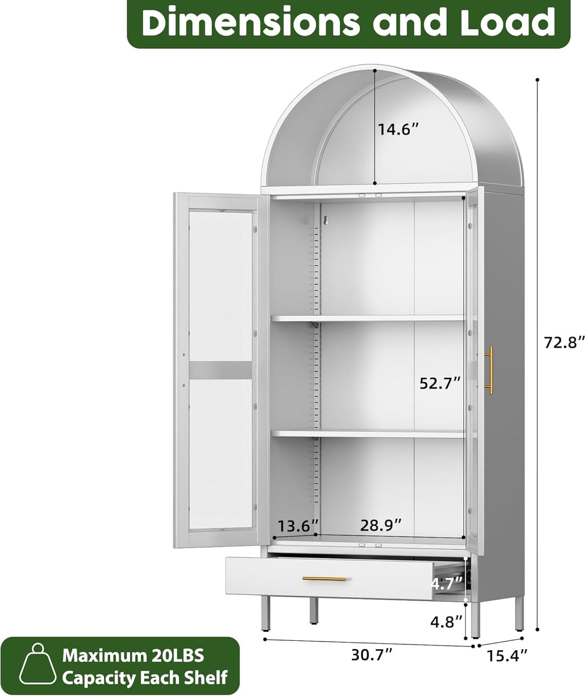 SUPEER 185 cm metalen gebogen opbergvitrine in wit met lade, gewelfde kasten met glazen deuren en planken voor woonkamer, keukens en slaapkamers, montage vereist
