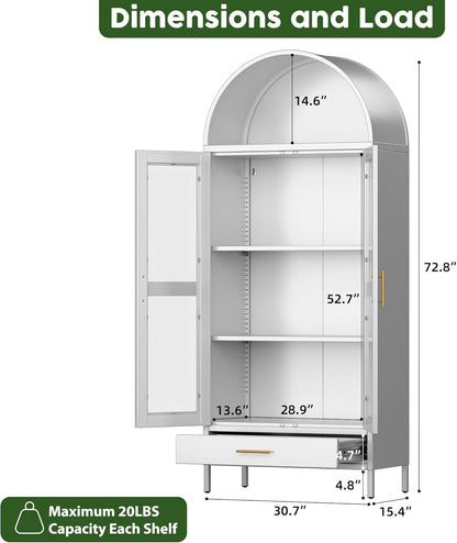 SUPEER 185 cm metalen gebogen opbergvitrine in wit met lade, gewelfde kasten met glazen deuren en planken voor woonkamer, keukens en slaapkamers, montage vereist