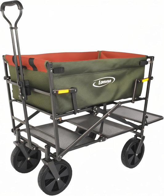 Bolderkar XXL Dubbeldekker Kaki – Handwagen – Transportwagen – Strandwagen – Boodschappenwagen – Opvouwbaar – Dubbele Laadruimte