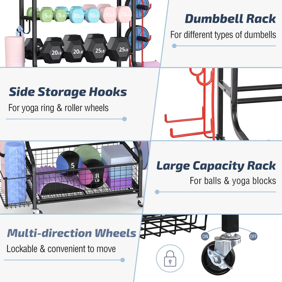 Mythinglogic Halterstandaard, multifunctioneel halterrek voor halters, yogamat, fasciarol, kettlebell en yogablok, gepoedercoat staal, met haken en wieltjes