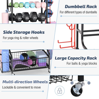 Mythinglogic Halterstandaard, multifunctioneel halterrek voor halters, yogamat, fasciarol, kettlebell en yogablok, gepoedercoat staal, met haken en wieltjes