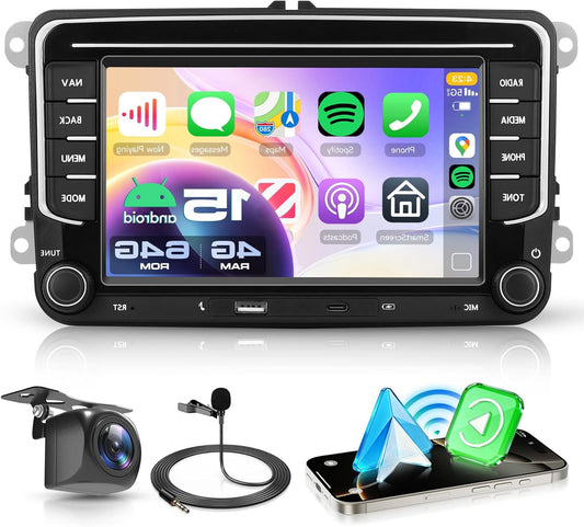 4+64G Car Radio Android 15 for VW Golf 5 6 Passat Jetta Caddy EOS T5 Tiguan Touran CC Polo, 7'' HD Touch Screen with Wireless Carplay Android Car GPS WiFi USB Type-C Bluetooth FM RDS Camera - QUORE