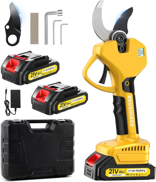 Elektrische Snoeischaar, 50 mm Accu Snoeischaar, 21V 2x2 Ah Batterij 6-10 uur, 800 W Borstelloze Motor Draagbare Snoeischaren, SK7 Scherp Lemmet, Voor Boomgaard, Tuin, Boerderij, Park, Tuinieren