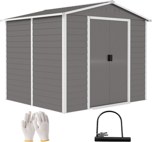 Outsunny Tool Shed 4.4 m², Garden Shed with Pult Roof, Sliding Door, Foundation, Easy Assembly, 240 x 206 x 198 cm, Tool Shed Made of Galvanized Steel, Weatherproof, for Garden, Light Grey - QUORE