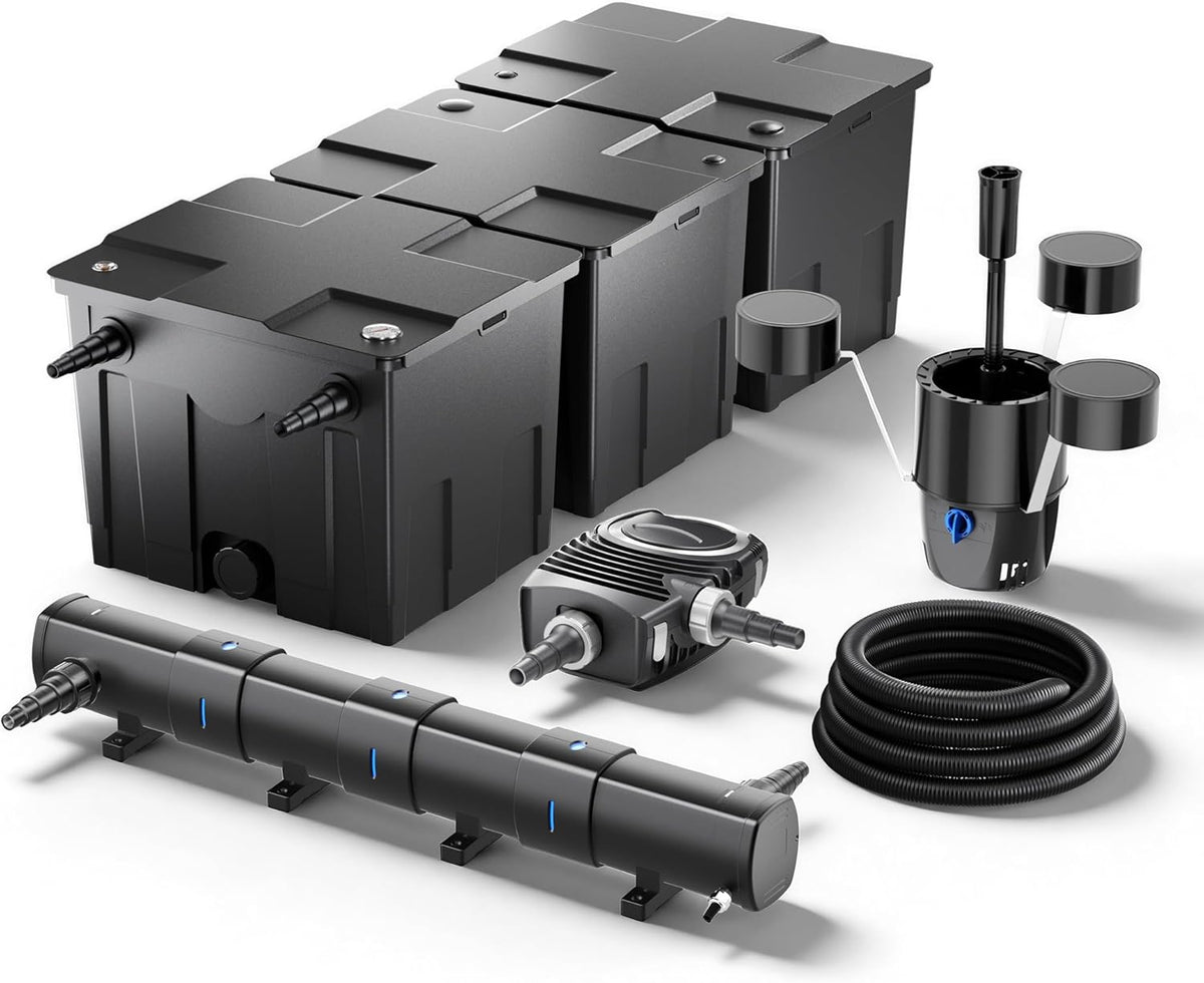 Filterset van bio-vijverfilter 90.000l, UVC-vijverzuiveraar 72W, pomp 80W, slang 25m en skimmer