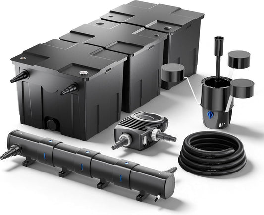 Filterset van bio-vijverfilter 90.000l, UVC-vijverzuiveraar 72W, pomp 80W, slang 25m en skimmer