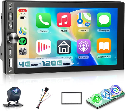 【4G + 128G】 Hodozzy Wireless Carplay autoradio 2 DIN met USB Type-C, 7 inch incell display Android Bluetooth autoradio met Android Auto/DSP/WiFi/RDS/FM/SWC/achteruitrijcamera