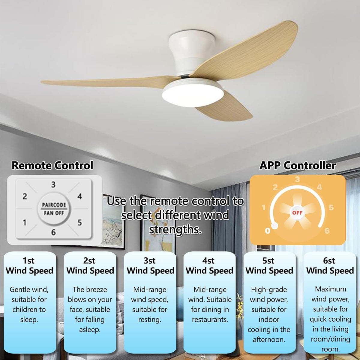 Plafondventilator met ledlicht, stil, plafondlamp, ventilator met afstandsbediening, 107 cm, omkeerbaar, DC-ventilator, 6 snelheden, timer voor eetkamer, woonkamer